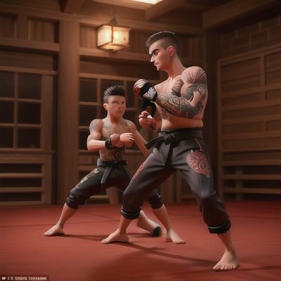 Image For Post | Anime, manga, Intricate tattooed martial artist, dark spiky hair and detailed dragon tattoo on arm, inside a dimly lit dojo, engaged in intense hand-to-hand combat, an audience of fellow fighters watching, loose-fitting gi with black belt, realistic and gritty anime style, a sense of focus and determination - [AI Art, Intricate Tattoos in Anime ](https://hero.page/examples/intricate-tattoos-in-anime-stable-diffusion-prompt-library)