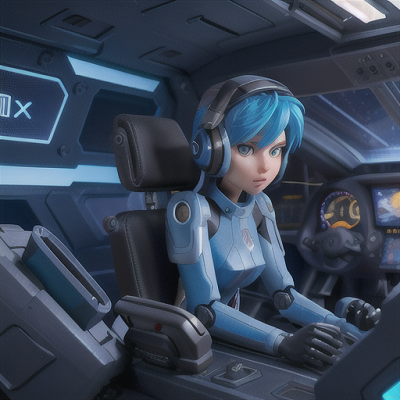 Image For Post Anime Art, Valiant mech pilot, electric blue hair in a spiky style, in a high-tech cockpit