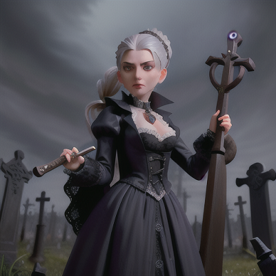 Image For Post Anime Art, Charming vampire hunter, silver hair tied back in a ponytail, in a haunted graveyard at midnight