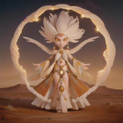 Image For Post Anime Art, Ancient desert spirit, ethereal white hair and glowing amber eyes, emerging mystically from a swirling deser