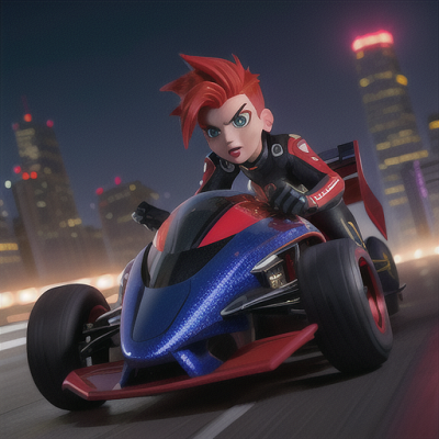 Image For Post Anime Art, Competitive street racer, spiky red hair and intense eyes, racing along a glowing city runway