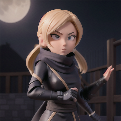 Image For Post Anime Art, Stealthy ninja assassin, wavy honey blonde hair tied in a scarf, hidden among the shadows of a moonlit night