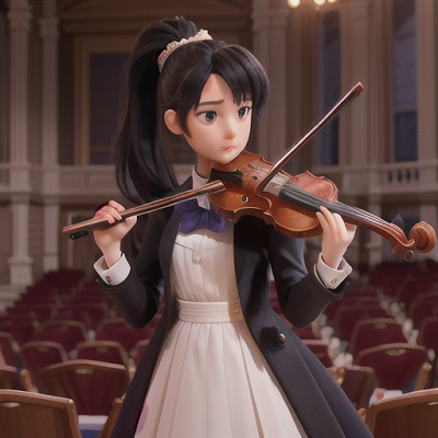Image For Post Anime Art, Talented violinist, long indigo hair in a low ponytail, on a grand concert hall stage