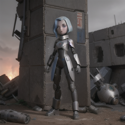 Image For Post Anime Art, Anxious android defender, sleek metallic hair and robotic visage, within a post-apocalyptic warzone