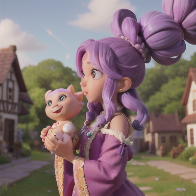 Image For Post Anime Art, Soulful musician bard, lavender hair cascading over her shoulders, in a quaint village square