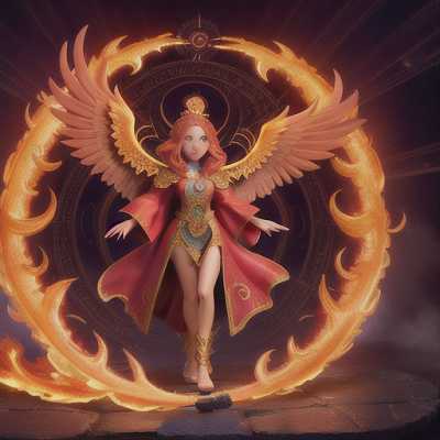 Image For Post Anime Art, Phoenix-summoner mage, hair aflame with radiant phoenix feathers, within an ancient summoning chamber
