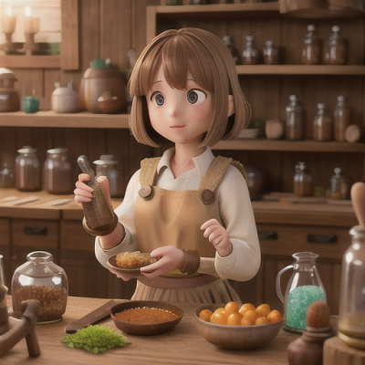Image For Post Anime Art, Gentle alchemist, chestnut brown hair with a short fringe, in a cozy and cluttered workshop
