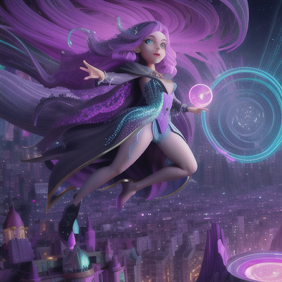 Image For Post Anime Art, Dimension-hopping sorceress, lavender hair cascading in waves, traversing a tech-driven cityscape
