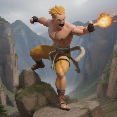 Image For Post Anime Art, Fierce martial artist, wild yellow hair and angry expression, in a rugged mountainous terrain