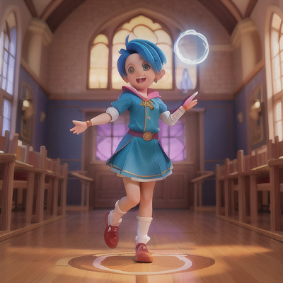 Image For Post Anime Art, Playful young mage, short electric blue hair, in a brightly lit magic school hall