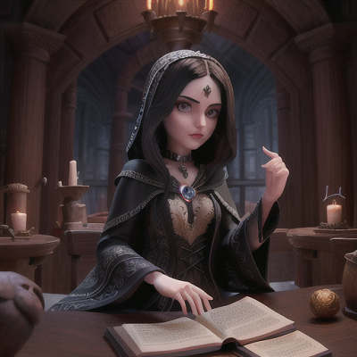 Image For Post Anime Art, Enigmatic sorceress, black hair adorned with mysterious runes, within the confines of a gothic chamber