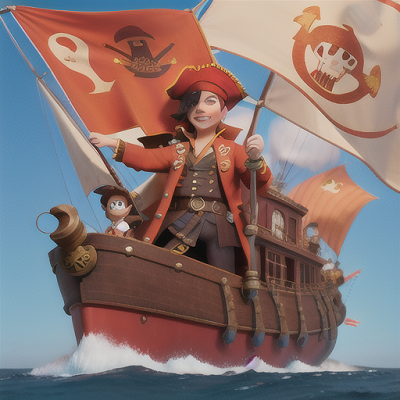 Image For Post Anime Art, Charming pirate captain, fiery orange hair and an eyepatch, aboard a magnificent airship