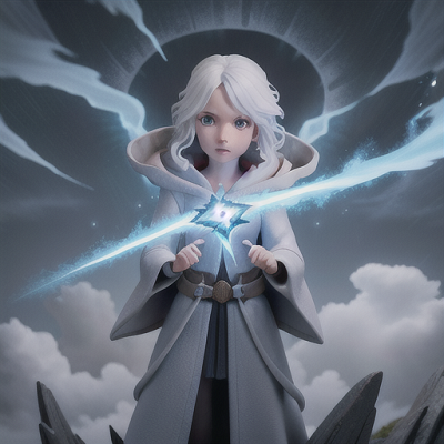 Image For Post Anime Art, Elemental mage, striking white hair, high atop a stormy weather tower