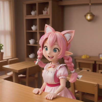 Image For Post Anime Art, Playful cat-eared elf maid, pink hair tied in a braid, inside a bustling maid cafe