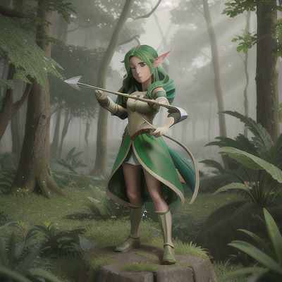 Image For Post Anime Art, Futuristic elven archer, emerald green hair and sharp ears, at dawn in a misty forest