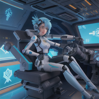 Image For Post Anime Art, Powerful mecha pilot, pastel blue hair and futuristic rune tattoos on her palms, in the cockpit of a titanic