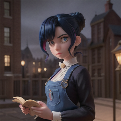 Image For Post Anime Art, Time-traveling detective, midnight blue hair styled in an elegant updo, within a Victorian-era cityscape