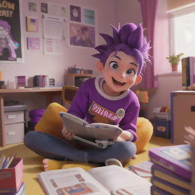 Image For Post Anime Art, Amusing university student, purple hair in messy spikes, in a cozy dorm room