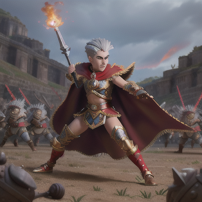 Image For Post Anime Art, Bold warrior prince, spiky silver hair and fierce red eyes, on a battlefield amid clashing armies