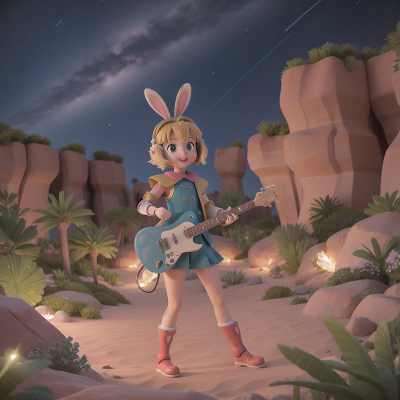 Image For Post Anime, knight, rabbit, desert oasis, electric guitar, meteor shower, HD, 4K, AI Generated Art