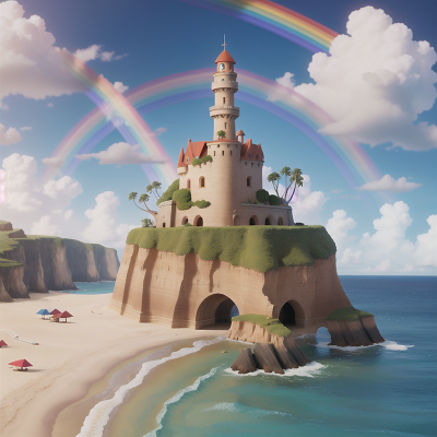 Image For Post Anime, cyborg, tower, rainbow, beach, ocean, HD, 4K, AI Generated Art