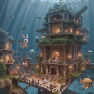 Image For Post Anime, underwater city, rabbit, bird, forest, museum, HD, 4K, AI Generated Art