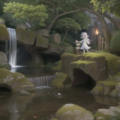 Image For Post Anime, ghostly apparition, fish, book, garden, waterfall, HD, 4K, AI Generated Art