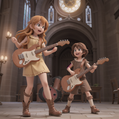 Image For Post Anime, cathedral, cavemen, clock, electric guitar, surprise, HD, 4K, AI Generated Art
