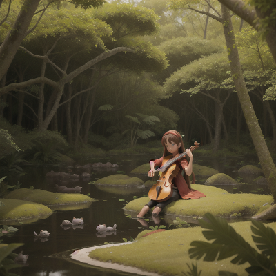 Image For Post Anime, violin, swamp, forest, jungle, dog, HD, 4K, AI Generated Art