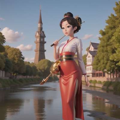 Image For Post Anime, saxophone, geisha, boat, river, tower, HD, 4K, AI Generated Art
