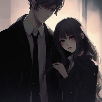 Image For Post | An enigmatic pair in a suspenseful pose, muted tones and detailed background. mystery-themed couple anime pfp - [Couple Anime PFP Themes](https://hero.page/pfp/couple-anime-pfp-themes)