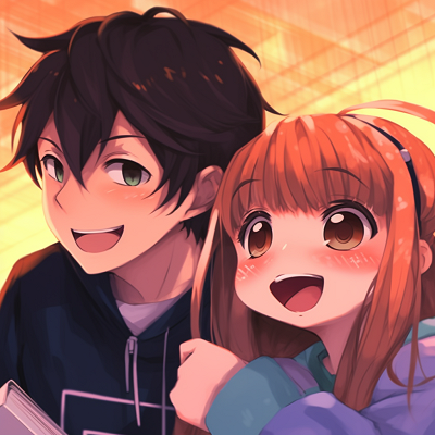 Image For Post | Couple laughing together, emphasized joy in anime style and bright colors. comedic couple anime pfp - [Couple Anime PFP Themes](https://hero.page/pfp/couple-anime-pfp-themes)