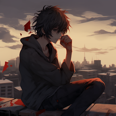Image For Post | Anime character sitting alone on a rooftop, with a look of dismay, stronger lines and sharper angles for the cityscape. aesthetic depressed anime pfp pfp for discord. - [Anime Depressed PFP Collection](https://hero.page/pfp/anime-depressed-pfp-collection)