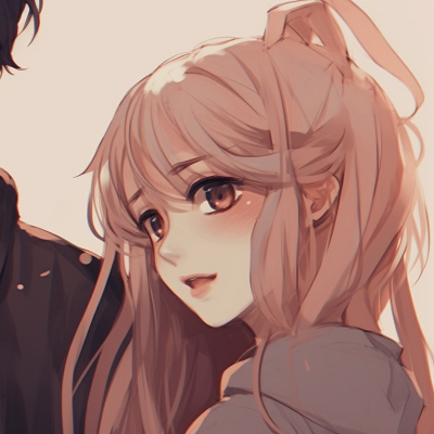 Image For Post | Two characters, soft hue tones, with hair interlocking. unique matching pfp couple styles pfp for discord. - [matching pfp couple, aesthetic matching pfp ideas](https://hero.page/pfp/matching-pfp-couple-aesthetic-matching-pfp-ideas)