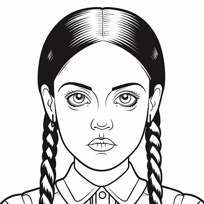 Image For Post | A close-up of Wednesday Addams showcasing her braids; detailed facial features. printable coloring page, black and white, free download - [Wednesday Addams Coloring Pictures Pages ](https://hero.page/coloring/wednesday-addams-coloring-pictures-pages-fun-and-creative)