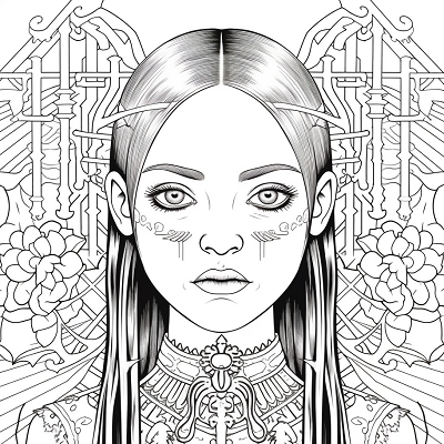 Image For Post | A portrait of Wednesday Addams surrounded by beautiful intricate patterns. printable coloring page, black and white, free download - [Wednesday Addams Coloring Book Pages ](https://hero.page/coloring/wednesday-addams-coloring-book-pages-fun-coloring-for-all-ages)