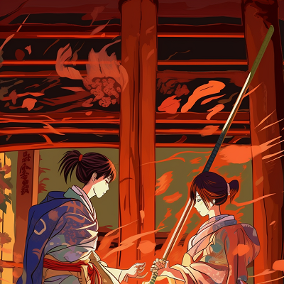 Image For Post | Two anime characters in traditional robes battling with wooden bokken inside a sacred shrine; bold outlines and anime style details. phone art wallpaper - [Sacred Shrines Anime Art Wallpapers: HD Manga, Epic Fan Art](https://hero.page/wallpapers/sacred-shrines-anime-art-wallpapers:-hd-manga-epic-fan-art)