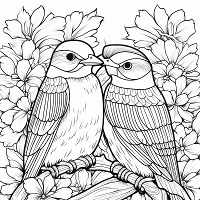 Image For Post Valentine's Day Lovebirds among Flowers - Printable Coloring Page