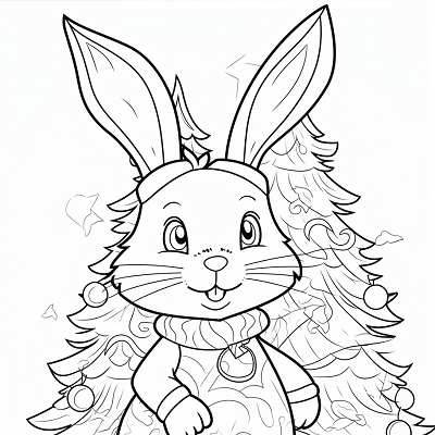 Image For Post Christmas Bunny and Decorated Tree - Printable Coloring Page