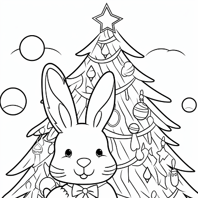 Image For Post Festive Bunny beside Christmas Tree - Printable Coloring Page