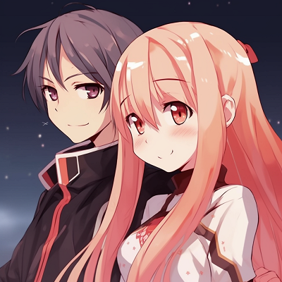 Image For Post | Kirito and Asuna in battle stance, striking color contrasts and dynamic composition. adorable anime couples matching pfp - [Matching PFP Anime Gallery](https://hero.page/pfp/matching-pfp-anime-gallery)