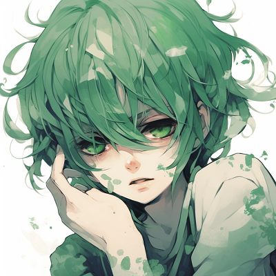 Image For Post | Anime boy with green highlights in his hair, high contrast and vibrant colors. emerald green anime pfp boy - [Green Anime PFP Universe](https://hero.page/pfp/green-anime-pfp-universe)