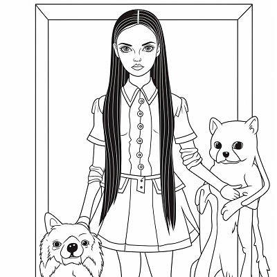Image For Post | Adult Wednesday Addams and her unique pet; finely detailed with strong lines and geometrical shapes. printable coloring page, black and white, free download - [Wednesday Addams Coloring Pictures Pages ](https://hero.page/coloring/wednesday-addams-coloring-pictures-pages-fun-and-creative)