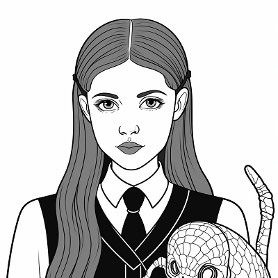 Image For Post | Wednesday Addams with her pet octopus; sharp lines and careful details. printable coloring page, black and white, free download - [Wednesday Addams Coloring Book Pages ](https://hero.page/coloring/wednesday-addams-coloring-book-pages-fun-coloring-for-all-ages)