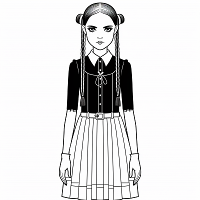 Image For Post | Wednesday Addams in her iconic black dress and braids; clean, simple lines. printable coloring page, black and white, free download - [Wednesday Addams Coloring Book Pages ](https://hero.page/coloring/wednesday-addams-coloring-book-pages-fun-coloring-for-all-ages)