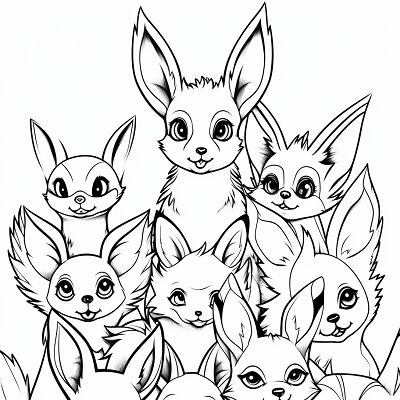 Image For Post | Group image of Eevee evolutions; simple lines with a shared theme. printable coloring page, black and white, free download - [Eevee Evolutions Coloring Sheet Pokemon Pages, Adult & Kids Fun](https://hero.page/coloring/eevee-evolutions-coloring-sheet-pokemon-pages-adult-and-kids-fun)