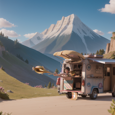 Image For Post Anime, fairy dust, trumpet, taco truck, surprise, mountains, HD, 4K, AI Generated Art