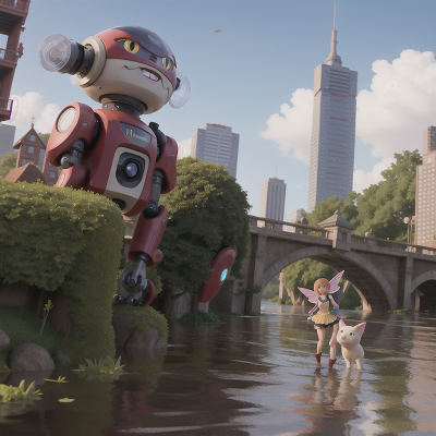 Image For Post Anime, flood, skyscraper, robotic pet, bridge, fairy, HD, 4K, AI Generated Art