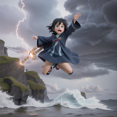 Image For Post Anime, jumping, tsunami, storm, electric guitar, invisibility cloak, HD, 4K, AI Generated Art