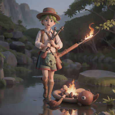 Image For Post Anime, bagpipes, hat, fire, bird, swamp, HD, 4K, AI Generated Art